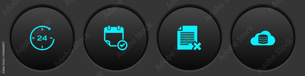 Poster set clock 24 hours, calendar with check mark, delete file document and cloud database icon. vector.