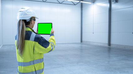 Industry 4.0 Modern Factory: Female Engineer Uses Digital Tablet Computer with Green Screen Mock-up Template Suitable for Visualizing Augmented Reality Software of Mapping Manufacturing Plant Room.