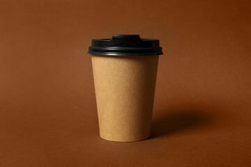 Takeaway paper coffee cup on brown background, closeup