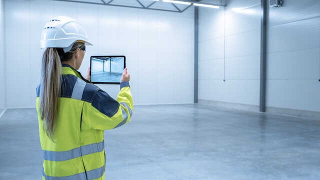 Industry 4.0 Modern Factory: Female Engineer Uses Digital Tablet Computer with Augmented Reality Software Visualizing of Manufacturing Plant Room Mapping, Factory Layout. Concept Shot Suitable for AR.