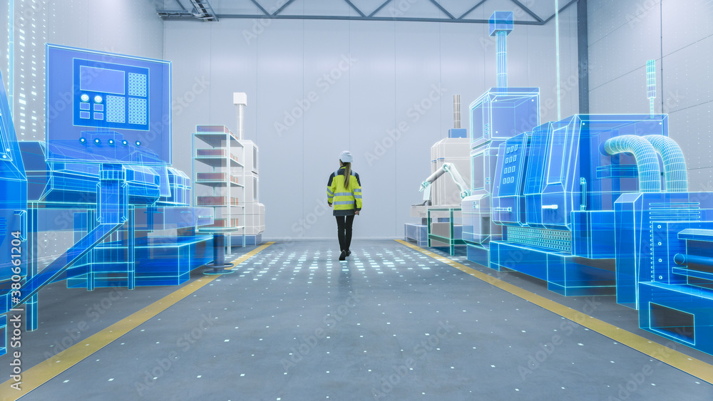 Poster Female Engineer Walks Through Factory Workshop with Augmented Reality 3D Models CNC Machinery Production Line. Industry 4.0 Graphics Visualization in Factory. VFX Special Graphics and Visual Effects