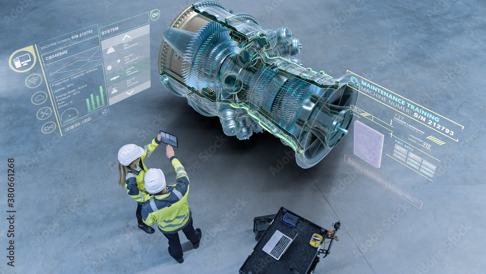 Poster Industry 4.0 Factory: Two Engineers Uses Digital Tablet Computer with Augmented Reality Software Visualize 3D Model of a Jet Turbine Engine. Aircraft Maintenance and Diagnostics. High Angle Shot