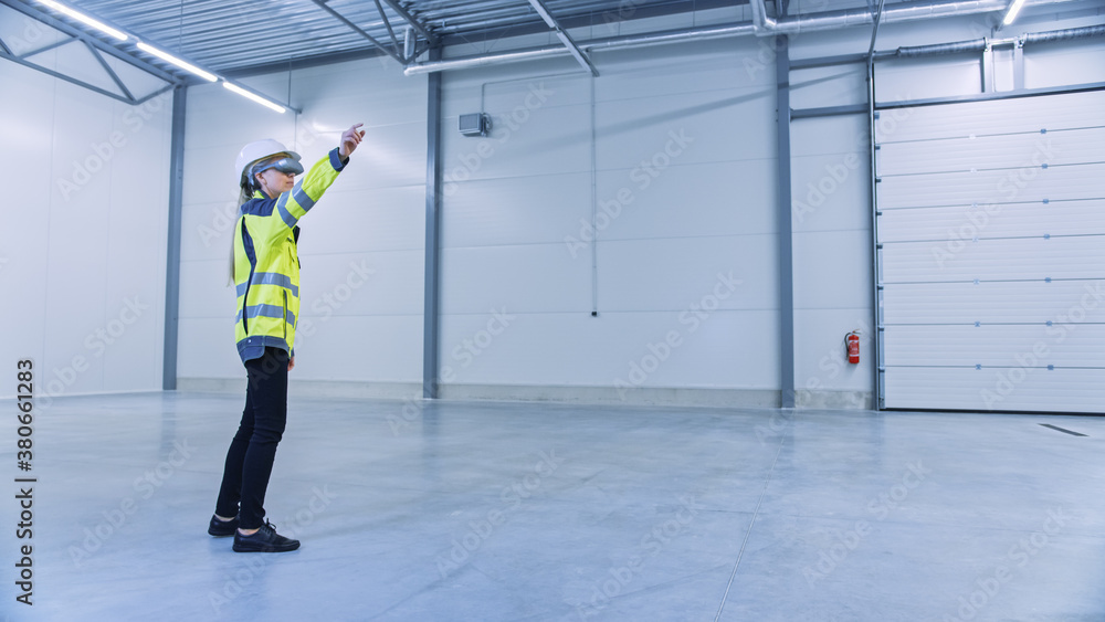 Aufkleber industry 4.0 modern factory: female engineer wearing augmented reality headset uses mixed reality so