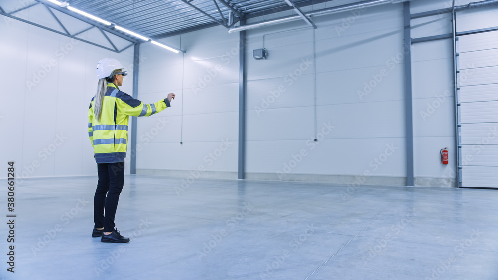 Poster industry 4.0 modern factory: female engineer wearing augmented reality headset uses mixed reality so