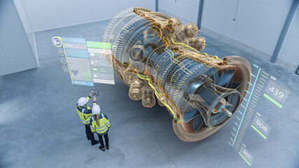Fototapeta Industry 4.0 Two Engineers Standing and Talking in Factory Workshop with Augmented Reality 3D Model Concept of Giant Turbine Engine. Graphics Visualization. High Angle Shot. VFX Special Visual Effects obraz