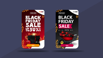 Set of vertical discount banners for Black Friday with wheelbarrow with presents and black gift box