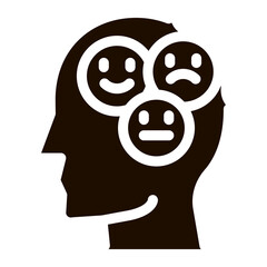 Different Mood Smile In Man Silhouette Mind glyph icon . Gear And Brain, Heart And Shield, Padlock And Magnifier Pictogram. Black And White Template Contour Illustration