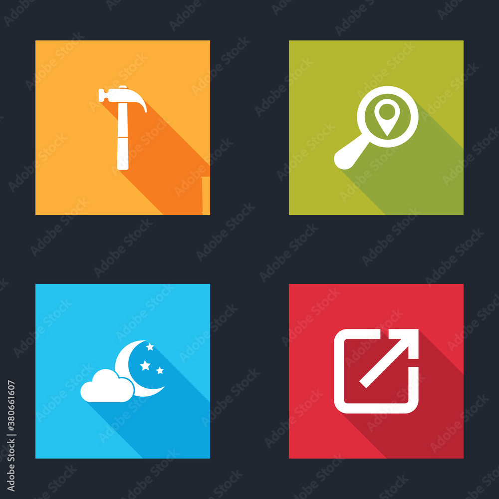 Poster set hammer, search location, cloud with moon and stars and open in new window icon. vector.