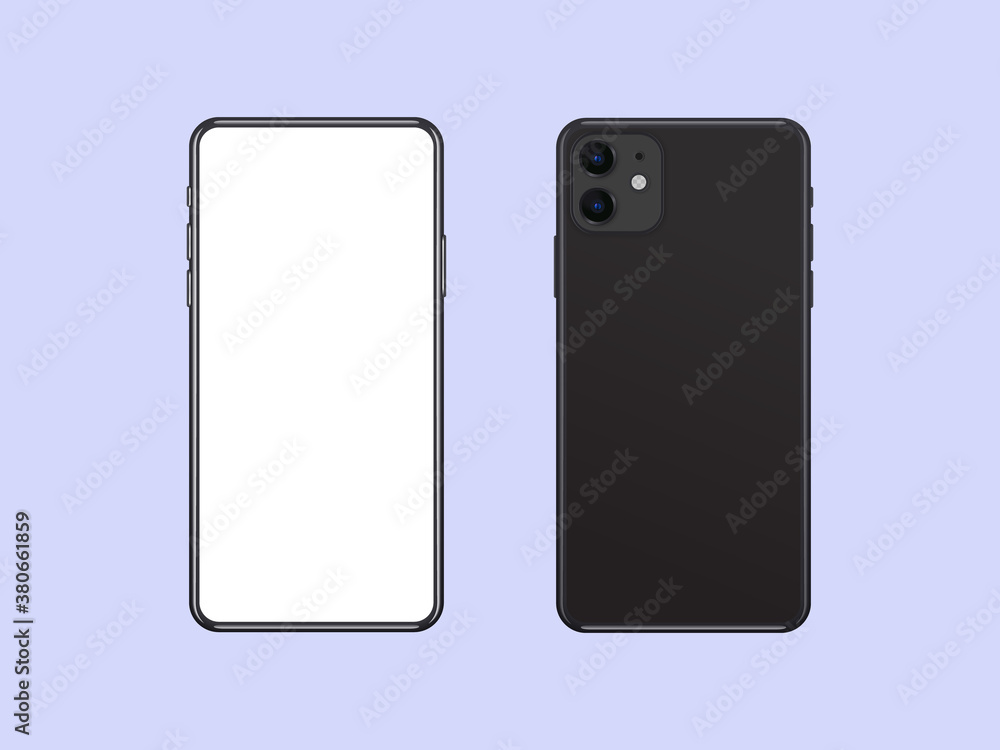 Poster phone mockup front and back side, realistic black device template with empty screen.