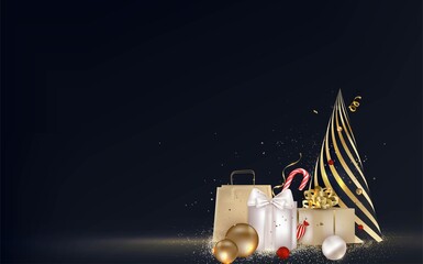 Christmas gift boxes, presents with holidays decoration on black background. Greeting card. New year 2021. Realistic vector.