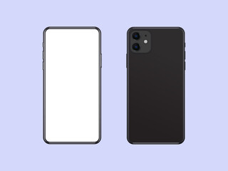 Phone mockup front and back side, realistic black device template with empty screen.