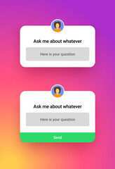 Poll template for social media, quiz mockup screen in modern gradient style. Ask question ui elements different form and options. Interface elements for mobile, vector illustration.