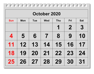 Page of monthly calendar - October 2020