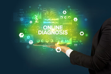 Naklejka premium Close-up of a touchscreen with ONLINE DIAGNOSIS inscription, medical concept