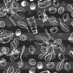 Seamless Pattern with branch Shea tree with fruits, nuts, leaves and Shea butter. Detailed hand-drawn sketches, vector botanical illustration. For cosmetics, medicine, aromatherapy.