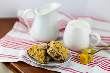 scones with milk, dandelions and tea towel
