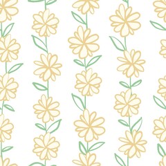 Childish Doodle Vector Seamless Pattern with Simple Yellow Flower Outline Drawing