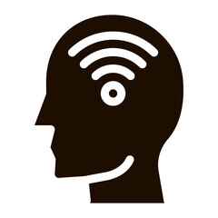 Wifi Symbol In Man Silhouette Mind glyph icon . Gear And Brain, Heart And Shield, Padlock And Coin Mark Pictogram. Black And White Template Contour Illustration