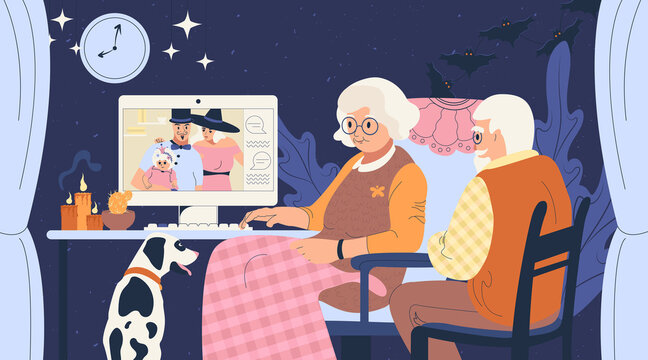 Family online. Grandparents talk with children via video link. Halloween family celebration during the pandemic. Traditional autumn holiday.