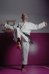 Karate master in crane pose, exercising in his dojo © Miguel