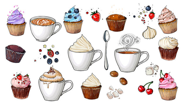Coffee cup line drawing on a white background. Drink and sweets. Vector image of breakfast. Cup of coffee top view, bun, plate, napkin.
