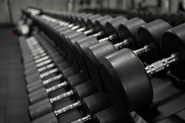 Fototapeta premium Black dumbbell set. Close up many metal dumbbells on rack in sport fitness center
