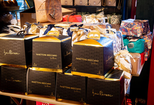 Many Christmas cackes for sale heap of italian traditional sweet panettone
