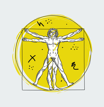 Creative geometric yellow style. The Vitruvian Man by Leonardo da Vinci.
