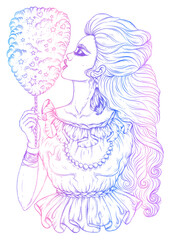 JPEG drawn young girl with long wavy developing hair. Woman eating yummy large sweet cotton decorated with sugar stars and hearts. Pattern multicolored fashion model. Decorated graphic print t-shirt