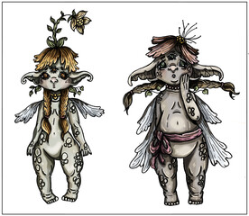 Fairytale creatures, cute cartoon characters, baby forest fairies with big ears and plump cheeks, long pigtail, wings and short legs, with vegetation and flowers on body and head, in different poses.