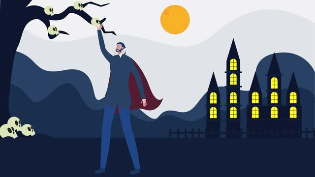 Male vampire taking a head skeleton on a branch