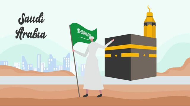Man stand near with Kaaba and tower buildings