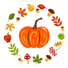 Autumn composition: pumpkin, apples, mushrooms, berries, acorns, autumn leaves. Harvest Festival. Thanksgiving Day. Gardening. Flat design with an ornate pattern. Isolated image. Vector.