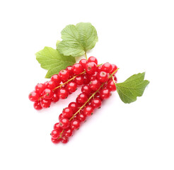 Delicious ripe red currants isolated on white, top view