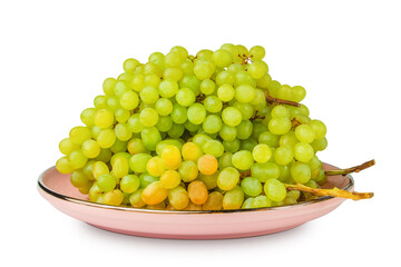 Green grapes in a pink plate isolated on a white background. Kish-mish.