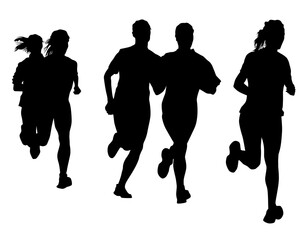 Young athletes run a marathon. Isolated silhouettes on white background