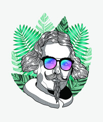 Hipster portrait with glasses and tropical leaves. Summer style.  Diego Velazquez.