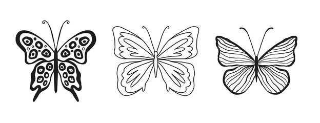 Fototapeta premium Set of silhouettes and lines of butterflies isolated on white background in vector format. It is very easy to edit objects and change colors. Henna tattoo, logo, print for beauty salon