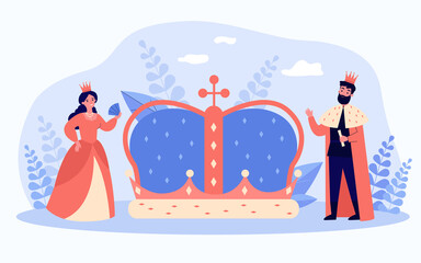 Tiny king and queen near big crown isolated flat vector illustration. Cartoon royal characters as a symbol of government authority. Aristocracy and monarchy concept