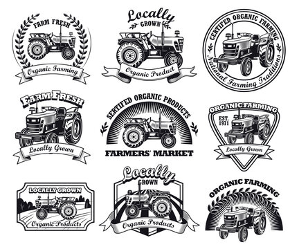 Black retro farm flat labels set. Vintage badges or signs for organic farmer market and ranch with tractor isolated vector illustration collection. Agriculture and machinery concept