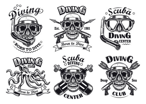 Monochrome diving center flat emblem set. Vintage diver helmets, scuba, octopus and skull in underwater mask isolated vector illustration collection. Design elements for diving brand mark concept