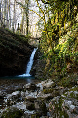 A small waterfall in the middle of the forest on a Sunny day.