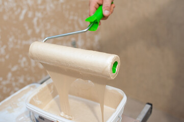 A male hand holds a roller of dripping golden-beige paint over a container of paint. The concept of...