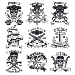 Caribbean pirates flat badges set. Vintage monochrome emblems with captain skull, wheel, gun and anchor isolated vector illustration collection. Marine design and typography concept