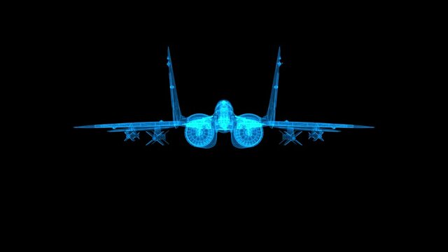 Military plane 3d wireframe with thin blue lines. Aviation futuristic hologram on black background. Loop animation