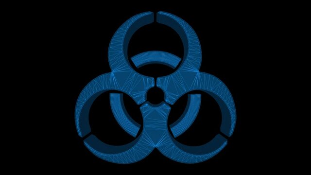 Biohazard 3d wireframe with thin blue lines. Epidemic futuristic hologram on black background. Loop animation