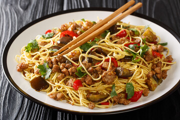 Chinese fried eggplant with minced meat, egg noodles, garlic and herbs close-up in a plate on the table. horizontal