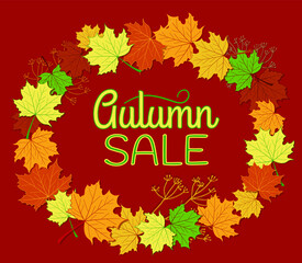 Autumn sale Lettering for discount purchase, Banner with colorful seasonal autumn leaves in circle on a white background. Vector illustration.