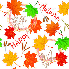 Seamless pattern with multi-colored maple leaves, decorative elements, happy and autumn lettering.