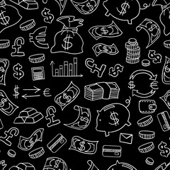 Doodle money seamless pattern. Outline hand drawn objects on black chalkboard. Vector illustration.